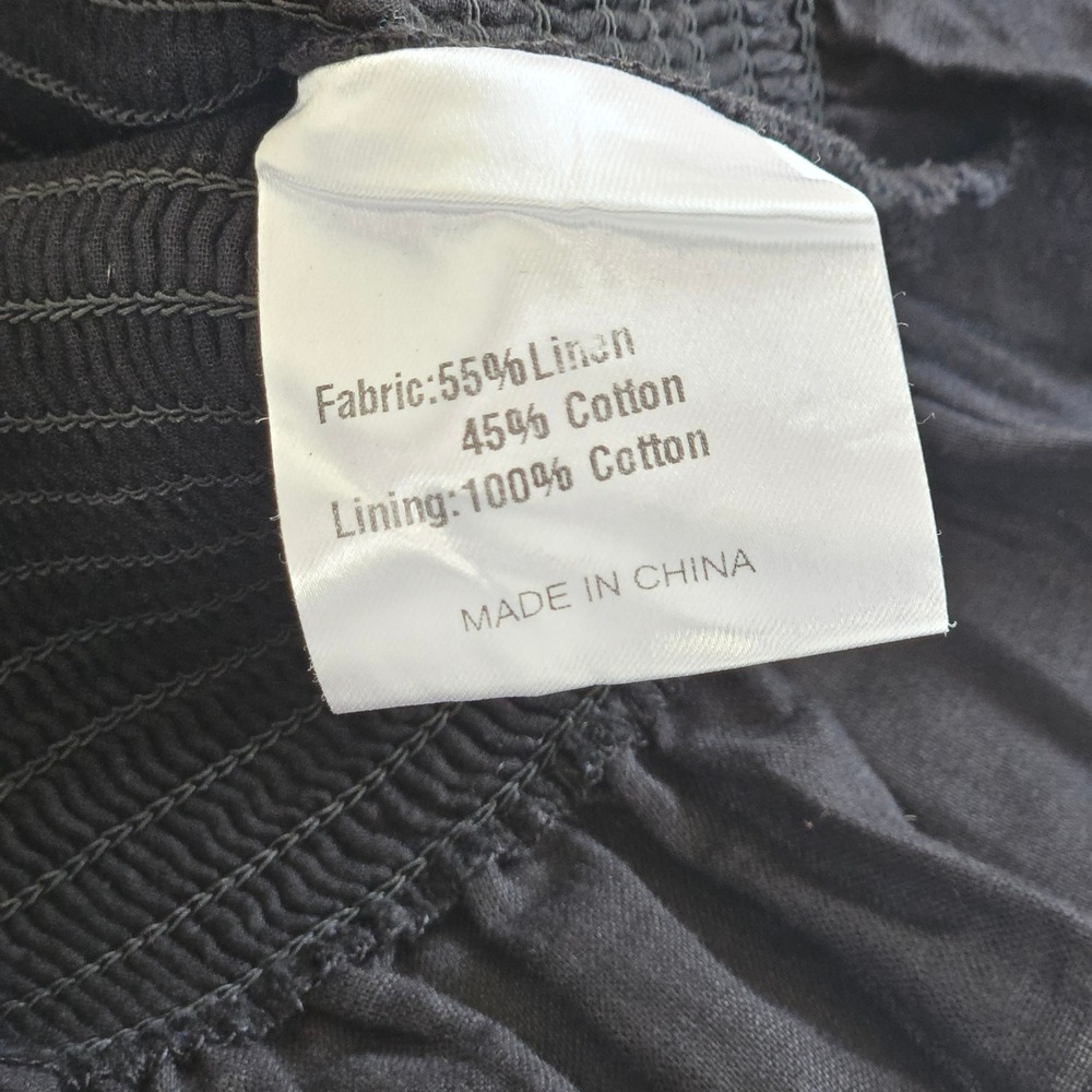 Kourt Black Smocked Linen Blend Tie Shoulder Peplum Little Black Top XS‎ - Picture 7 of 10